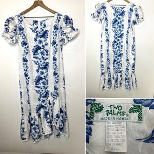 Two Palms white blue Tropical Floral Puff Sleeves Bottom Ruffle Maxi Dress 2XL